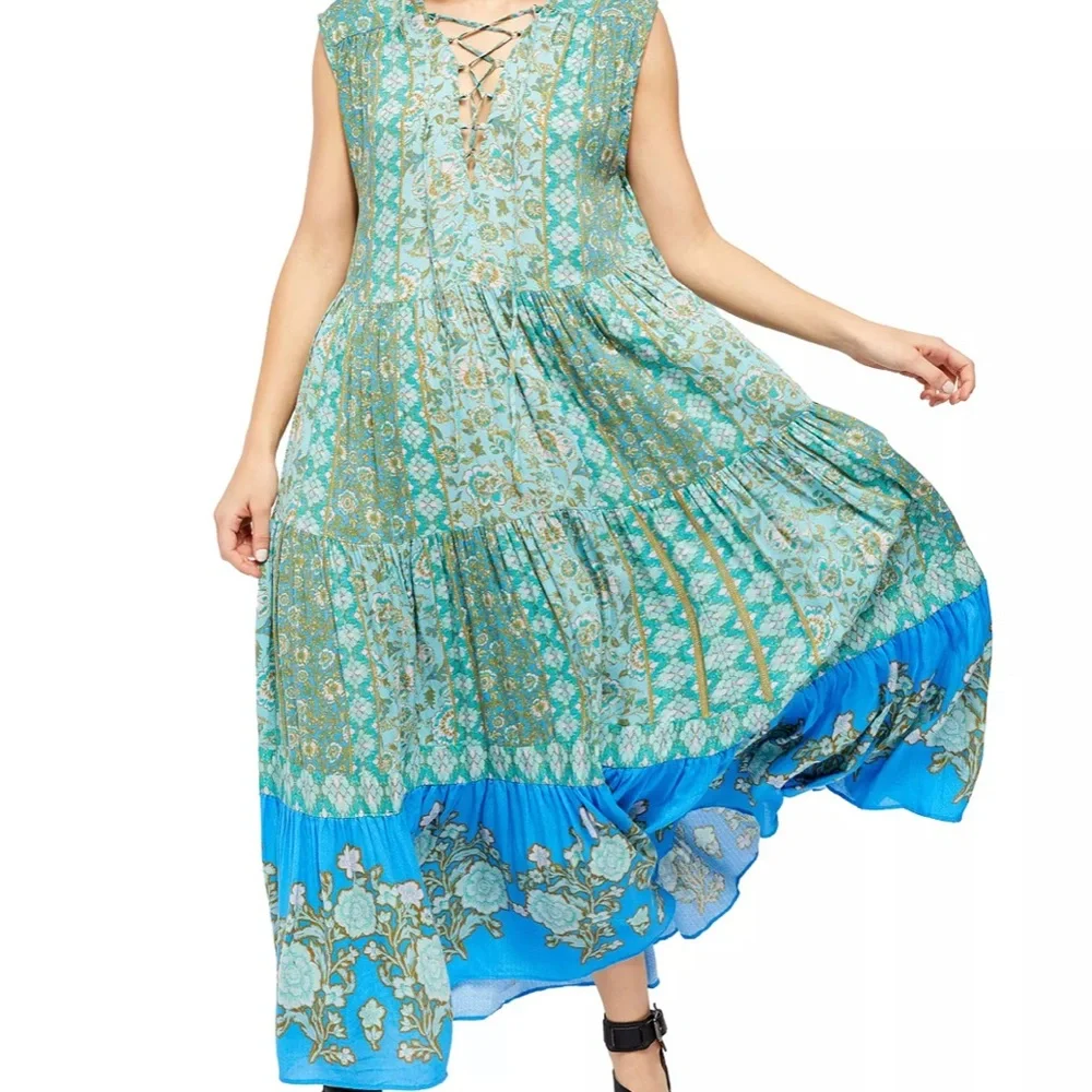 FREE PEOPLE Hanalei Bay Maxi Dress Blue Size Medium Turquoise Multi - Picture 4 of 16